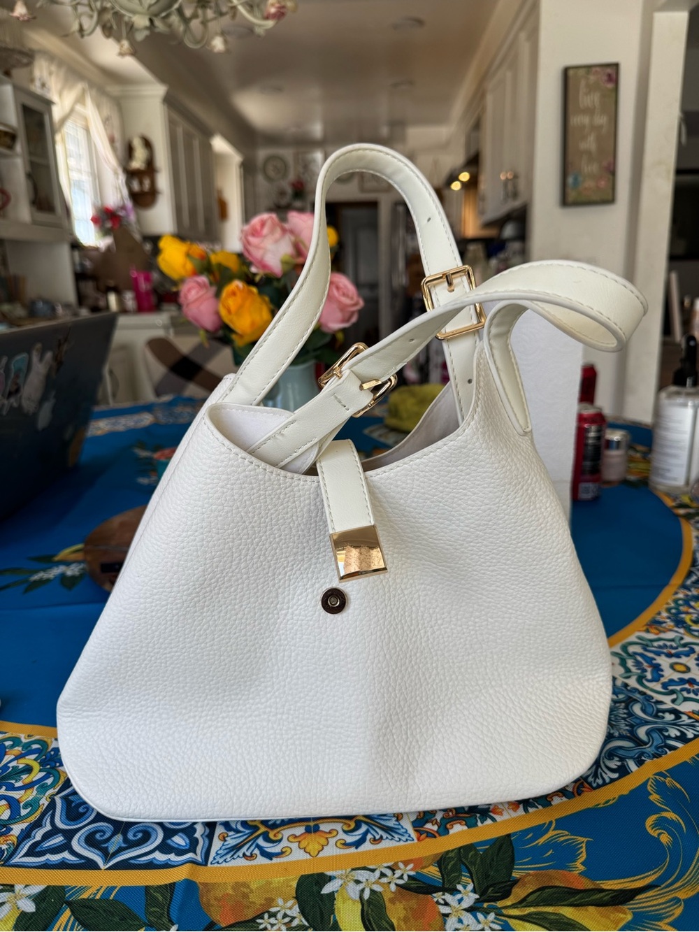 Women's White Pebble Leather Shoulder Bag with Gold Accents